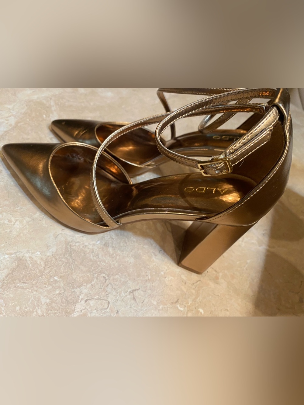 Aldo Metallic Bronze Pointed-Toe Ankle-Strap Heels - Picture 2 of 9